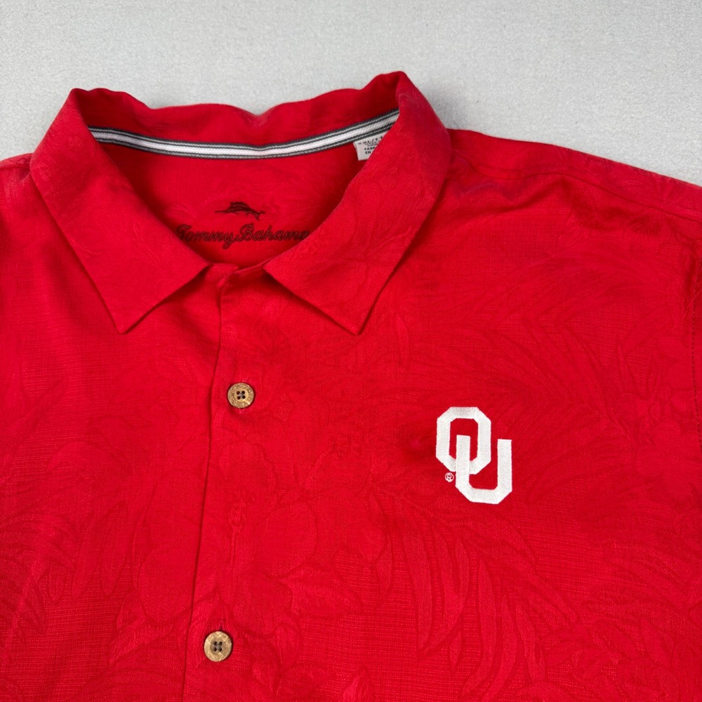 Tommy‎ Bahama Oklahoma Sooners OU Silk Camp Shirt Mens XXL Red Tropical Jacquard